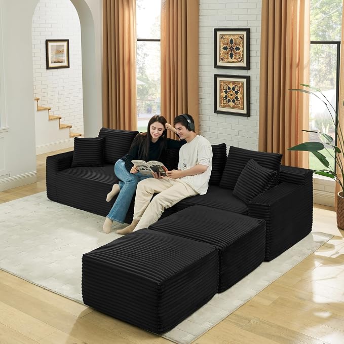 115" U-Shaped Cloud Sectional Couch, Modular Compressed Boneless Sectional Sofa W/Reversible Ottoman Chaise Lounge, Plush Corduroy Boneless Symmetrical Sofa for Living Room