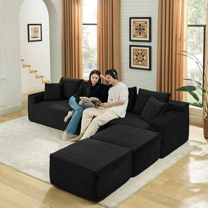 115" U-Shaped Cloud Sectional Couch, Modular Compressed Boneless Sectional Sofa W/Reversible Ottoman Chaise Lounge, Plush Corduroy Boneless Symmetrical Sofa for Living Room