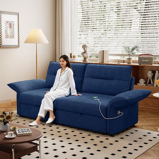 85'' Sofa Bed Full, Assembly, 3 in 1 Sleeper Sofa Beds, Flannel Pull Out Couch for Living Room, Charging & Adjustable Armrest, Comfy Loveseat for Small Space, Flannel Blue