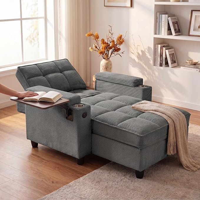 Convertible Sleeper Chair, Pull Out Sofa Bed with Adjustable Backrest & Hidden Storage Armrest, Single Sofa Recliner with USB Charging Port & Cup Holders for Living Room, Bedroom, Dark Gray