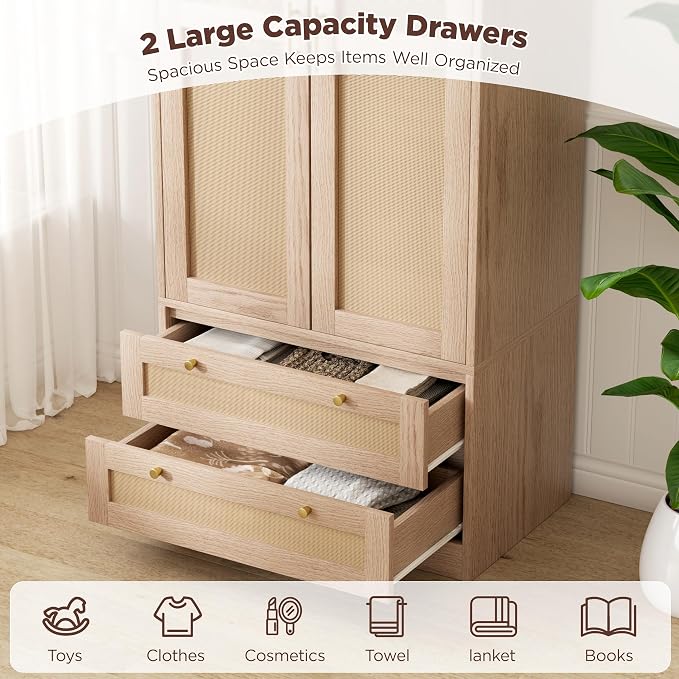72" Tall Wardrobe Armoire Closet with Mirror, Rattan Armoire Storage Cabinet with 2 Doors and Hanging Rod, Wooden Wardrobe Closet Storage with 2 Larger Drawers and Shelves for Bedroom, Cloak Room