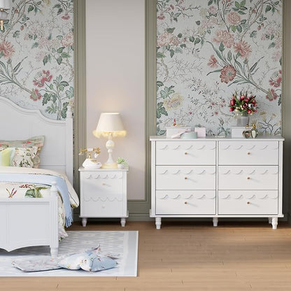 Anbuy Bedroom Sets 2 PCS White 6 Drawer Dresser and Night Stand Sets for Bedroom, Two Drawers Nightstand & Scalloped 6 Drawer Dresser Combo 2 Pieces (White)