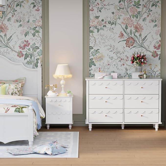 Anbuy 3 Pcs Bedroom Sets, Scalloped 6 Drawer Dresser and Night Stand Sets for Bedroom, Two Drawers Nightstand Set of 2 & 6 Drawer Dresser Combo 3 Pieces (White)