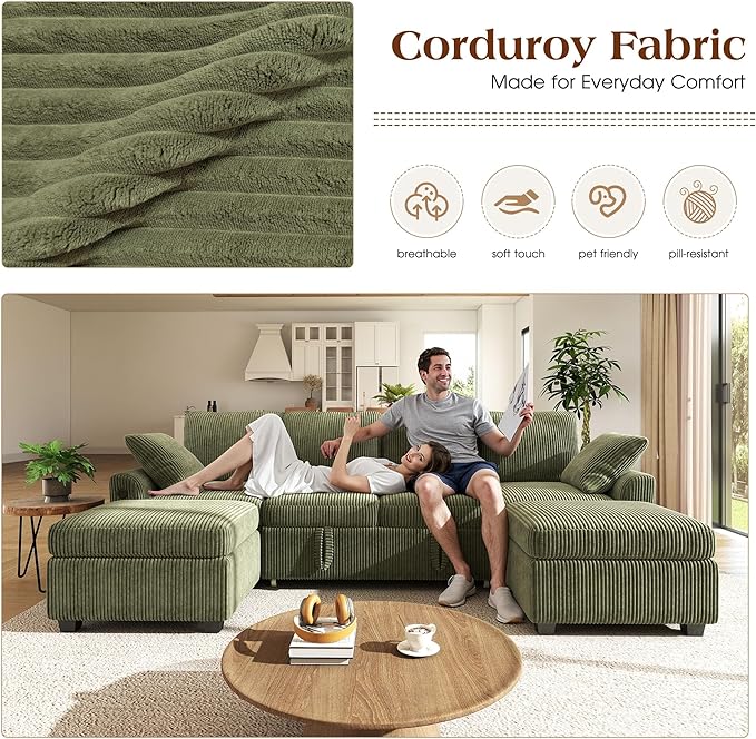Ihanherry 6-Seater Large Sectional Sofa Bed with Storage Ottoman, Corduroy Reversible Modular Sleeper Sofa Couch with USB Port, 104" L-Shaped Convertible Couch for Living Room（Green）