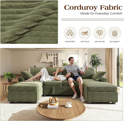 Ihanherry 6-Seater Large Sectional Sofa Bed with Storage Ottoman, Corduroy Reversible Modular Sleeper Sofa Couch with USB Port, 104" L-Shaped Convertible Couch for Living Room（Green）