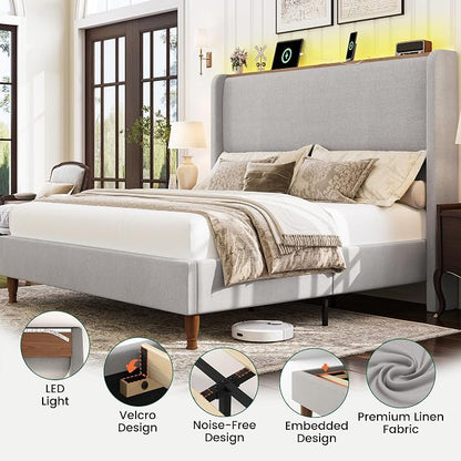 LARMACE Queen Size Bed Frame with LED Lights and Charging Station Linen Upholstered Platform Bed Frame with 51.2" Tall Wingback Headboard and Storage Shelf, No Box Spring Needed, Easy Assembly, Grey