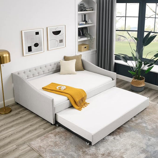 KEIKI Full Size Upholstery Daybed with Trundle and Headboard, Mid-Century Style Tufted Sofa Bed with Button on Back, Easy Assembly, No Box Spring Required, for Living Room and Bedroom, Beige