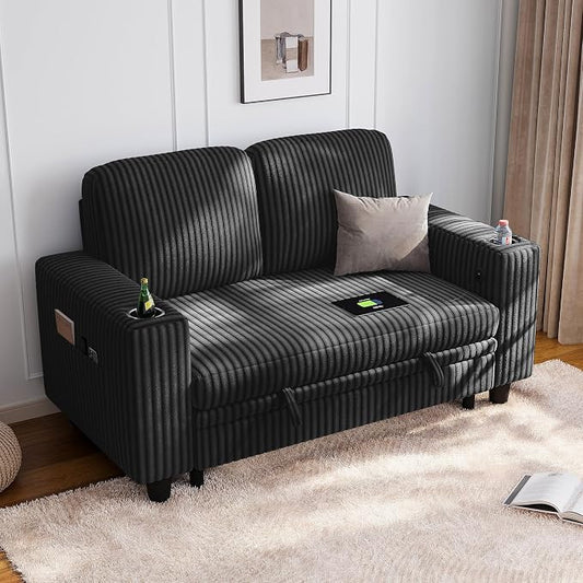 LINSY HOME Loveseat Sofa with Storage - Comfy Plush Corduroy 2 Seater Sofa with USB Charging & Cup Holders, Deep Seat Love Seat for Small Spaces Living Room Bedroom Apartment, Black