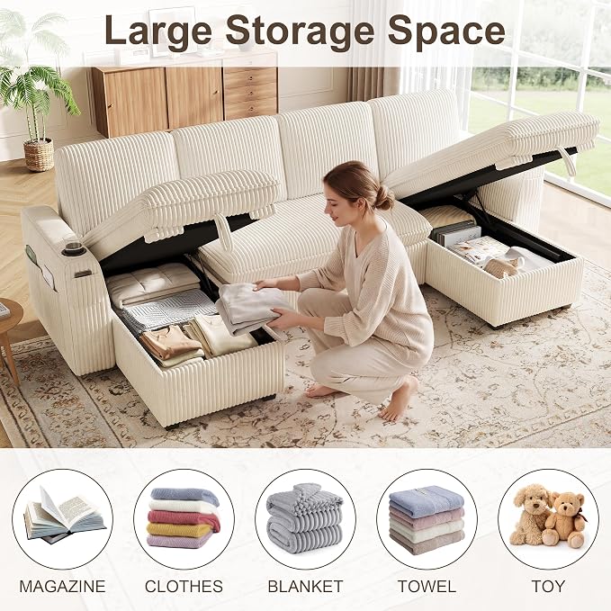 Sectional Sleeper Sofa with Pull Out Bed, Plush Corduroy Sectional Sofa with Double Storage Chaise and Adjustable Backrest, Cloud Sectional Couches for Living Room, Apartment, Beige