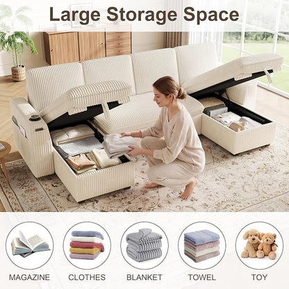 Sectional Sleeper Sofa with Pull Out Bed, Plush Corduroy Sectional Sofa with Double Storage Chaise and Adjustable Backrest, Cloud Sectional Couches for Living Room, Apartment, Beige