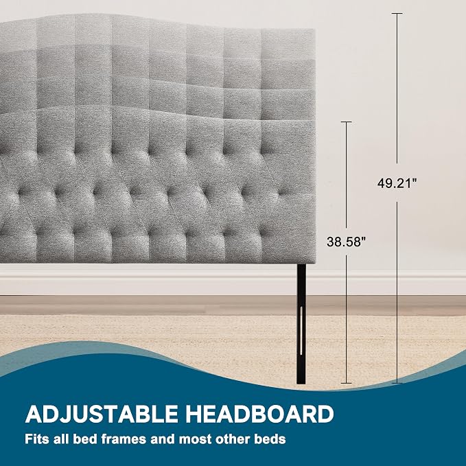 Tufted Upholstered Full Size Headboard Only, Adjustable 38-50 in, Gray | Full Headboard for Full Size Bed, Durable Linen Fabric Headboards, Modern Diamon Design Wood Head Board
