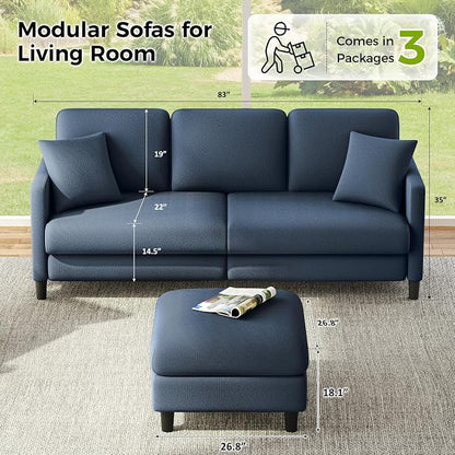 Welzona 83" Couches for Living Room, Teddy Sofa Couch with Storage Ottoman, L Shaped Couch with Movable Ottoman, Tool-Free Modular Sectional Sofa, All-Wood Sofas for Living Room 2 Pillows, Blue Grey