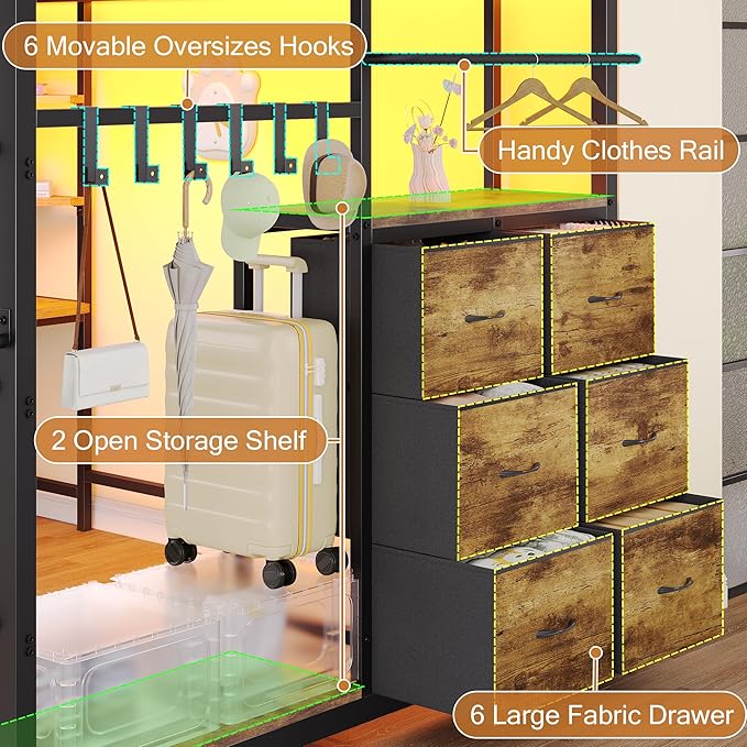 Dnxao Full Size Loft Bed with Desk, Heavy Duty Metal Bed Frame for Teens Adults, 6 Storage Drawers, Power Outlet with Type-C, LED Lights, Integrated Study Workstation for Small Room, Rustic Brown