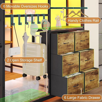 Dnxao Full Size Loft Bed with Desk, Heavy Duty Metal Bed Frame for Teens Adults, 6 Storage Drawers, Power Outlet with Type-C, LED Lights, Integrated Study Workstation for Small Room, Rustic Brown