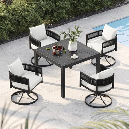 Grand patio 5-Piece Outdoor Dining Set for 4 with 1 Rectangle Expandable Table for 4-6 Person, Metal Woven Wicker Swivel Patio Chairs with Thickened Cushions for Yard, Poolside (Black)