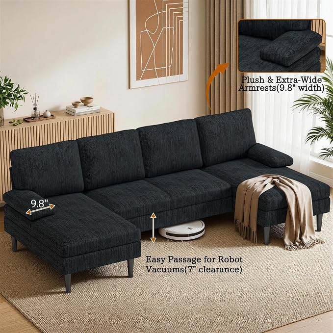 Korser U-Shaped Sectional Couches for Living Room, 101 Inch Modern Modular Sofa with Double Chaise Lounge, Comfy Chenille Fabric 4-Seat Couch Set for Apartment, Grey
