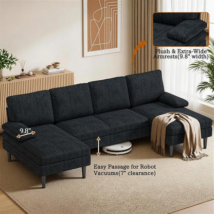 Korser U-Shaped Sectional Couches for Living Room, 101 Inch Modern Modular Sofa with Double Chaise Lounge, Comfy Chenille Fabric 4-Seat Couch Set for Apartment, Grey
