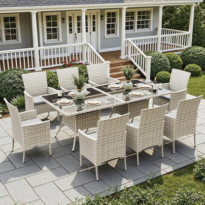10-Piece Patio Dining Set, Patio Furniture Set with Square Tempered Glass Table & 8 Wicker Chairs, Expandable Design for Larger Groups, Outdoor Furniture for Backyard, Deck, Garden, Grey
