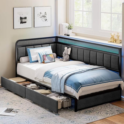 LIKIMIO Twin Corner Bed Frame, Modern Daybed with Upholstered Guardrail | Under-Bed Storage Drawers, Built-in Charging Station, Adjustable Smart LED Lights, Gray