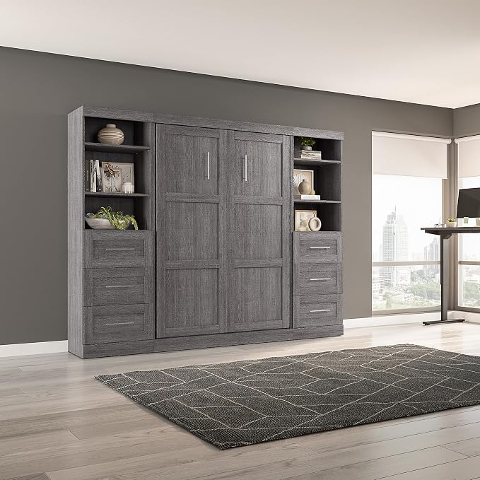 Bestar Pur Full Murphy Bed and 2 Shelving Units with Drawers, 109-inch Space-Saving Wall Bed