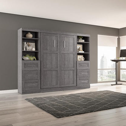Bestar Pur Full Murphy Bed and 2 Shelving Units with Drawers, 109-inch Space-Saving Wall Bed