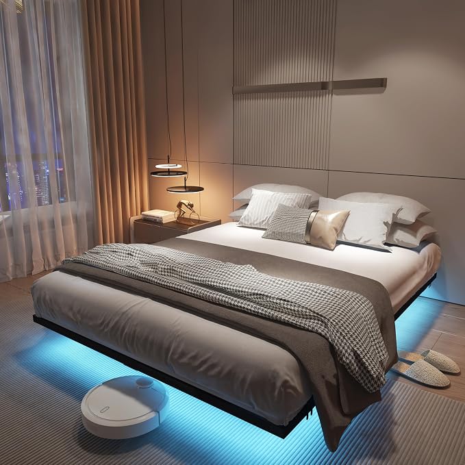 Floating Bed Frame Full Size with Charging Station and LED Lights, Metal Platform Bed Frame, No Box Spring Needed, Easy Assembly, (Full)