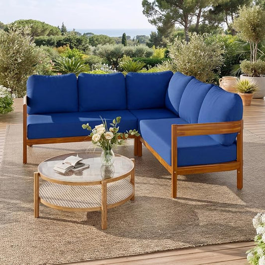 VilroCaz Outdoor Patio Furniture Set, L-Shaped Acacia Wood Sectional Sofa with 6 Soft Seat Cushions and Backpack, All-Weather Conversation Set with Arc Frame for Garden Backyard Porch (Blue-3.19)