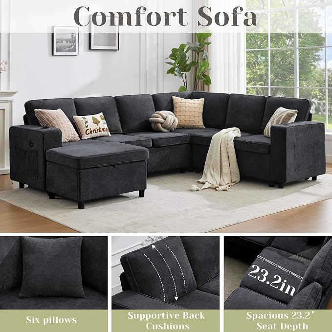 107 Inch Sectional Sleeper Sofa with Pull Out Bed, 7 Seat U Shaped Modular Sectional Sofa with Storage Ottoman, USB Port & 6 Pillows, Sectional Couches for Living Room & Apartment, Modular Couch,Black