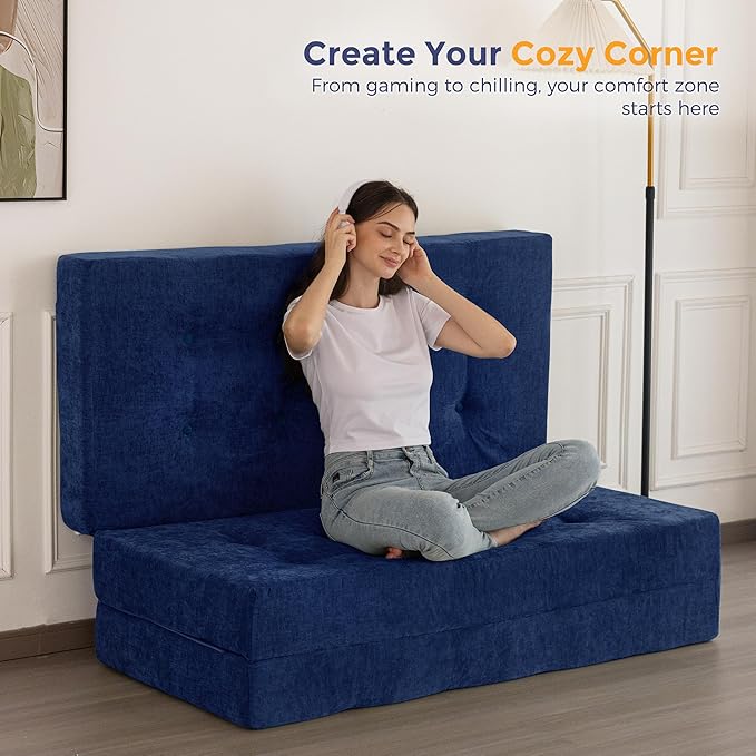MAXYOYO 6" Folding Sofa Bed for Floor, Tufted Tri-Fold Floor Mattress with Chenille Fabric, Twin Size Portable Sofa Couch Guest Mat for Adults, Foldable Topper for Camping, Navy, 35.4"x75"