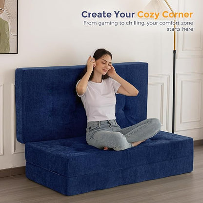 MAXYOYO 6" Folding Sofa Bed for Floor, Tufted Tri-Fold Floor Mattress with Chenille Fabric, Twin Size Portable Sofa Couch Guest Mat for Adults, Foldable Topper for Camping, Navy, 35.4"x75"