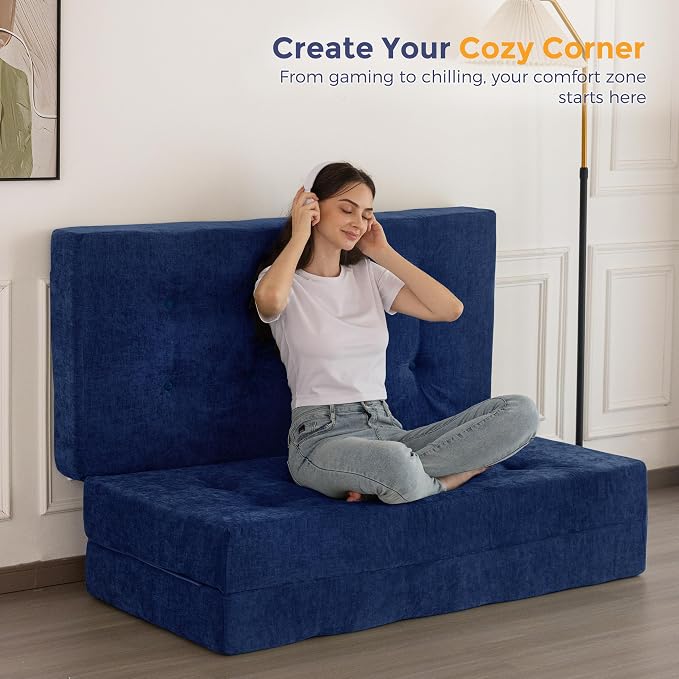 MAXYOYO 6" Folding Sofa Bed for Floor, Tufted Tri-Fold Floor Mattress with Chenille Fabric, Full Size Portable Sofa Couch Guest Mat for Adults, Foldable Topper for Camping, Navy, 53"x75"