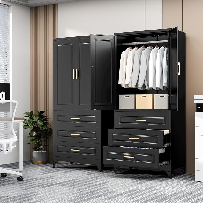 Metal Armoire Wardrobe Closet, 3 Drawers Clothes Storage Cabinet | Metal Wardrobe Cabinet with Doors, Hanging Rod, 71"Tall Black Armoires, Closet for Bedroom, Bathroom, Gym