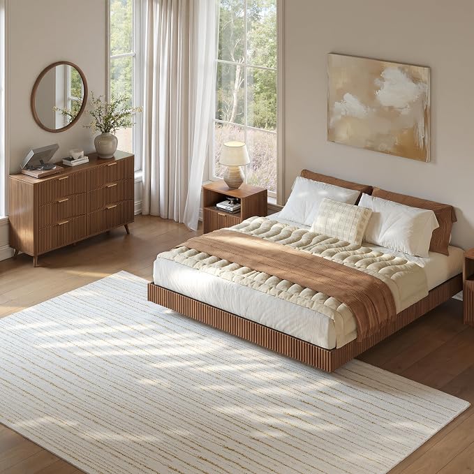 Evermagin Bedroom Furniture Set-Bed with 2 Nightstands, Mid Century Modern Bedroom Set, Floating Bed Frame Led Lights, Fluted Floating Room Furnitures, 3-Piece Room Set (Wal, Queen)