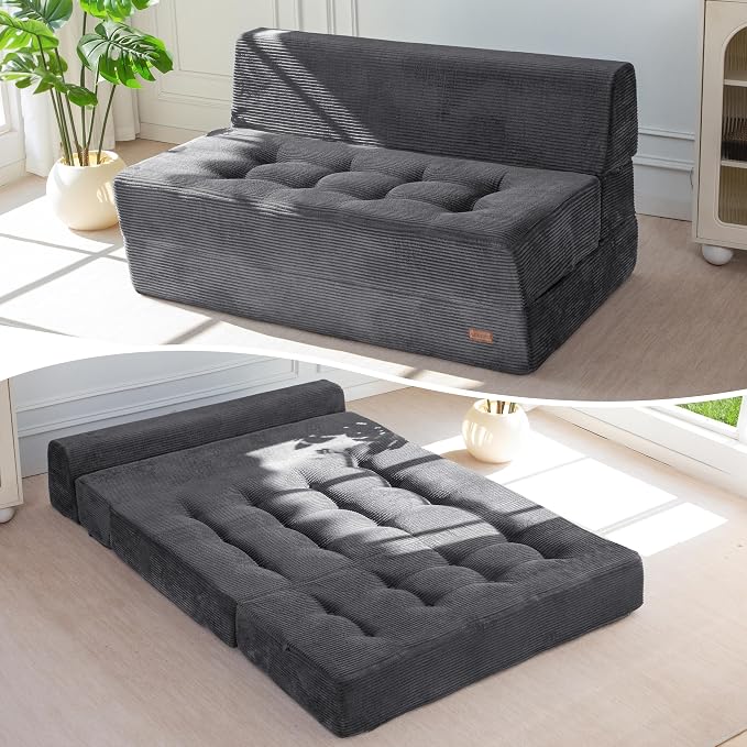 MAXYOYO 8" Folding Sofa Bed, Fold Out Chair Bed, Convertible Floor Sofa Couch, High-Density Foam Tufted Lounge Couch for Living Room Bedroom Dorm, Loveseat, Dark Grey