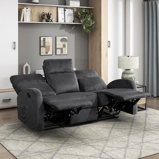 Lexicon Manual Reclining Sofa, Textured Microfiber Recliner Sofa, Wall Hugger, Track Arms, Magazine Pockets, Manual Dual Recliners Couch for Living Room/Office/Apartment, Easy Assembly, Dark Gray