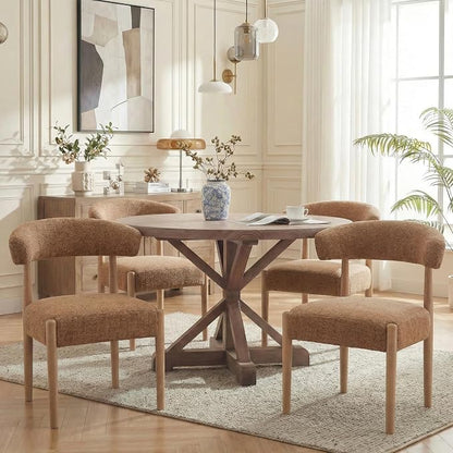 VKNOW Wooden Dining Chairs Set of 4 with Curved Open Back, Orange | Natural Rubberwood Legs, Soft Chenille Fabric, Thickened Cushion, For Adults and Family, Dining Room, Kitchen, No Wobble