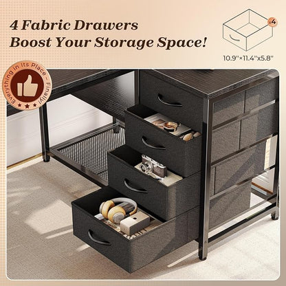 PRAISUN 43.3" Small Computer Desk with Power Outlets & USB-C Port, Reversible L Shaped Corner Office Desk with 4 Fabric Drawers and 2 Adjustable Storage Shelves, for Gaming Writing, Black