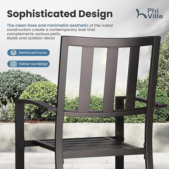 PHI VILLA 7 Pieces Outdoor Round Dining Set for 6, Wrought Iron Dining Table with Umbrella Hole & Stackable Metal Steel Chairs, Large Dining Furniture Set for Patio, Deck, Yard, Porch