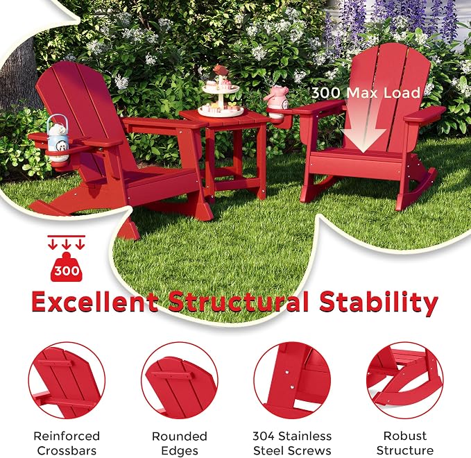 Costaelm Paradise 3-Piece Kids Table and Chairs Set with Toddler Rocking Chairs and Cup Holders, Red