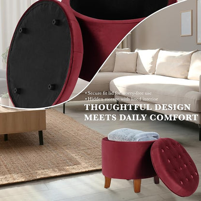 Homepop Home Decor | Upholstered Round Velvet Tufted Foot Rest Ottoman | Ottoman with Storage for Living Room & Bedroom | Decorative Home Furniture, Burgundy Small
