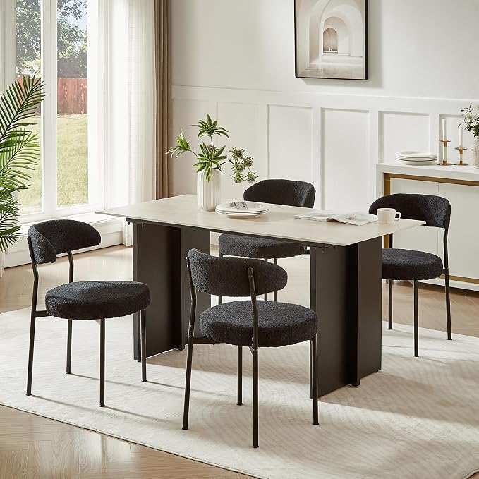 SoarFlash Dining Chairs, Black Boucle Dining Chairs Set of 2, Kitchen Dining Room Chairs Curved Backrest Upholstered Mid Century Modern Chairs with Black Metal Legs