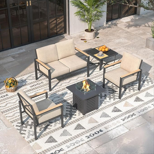 5-Piece Patio Furniture Set with Fire Pit Table & Coffee Table & Removable Washable Cushions, All-Weather Metal Frame and Wood-Like Armrests for Porch, Garden, Balcony,Beige