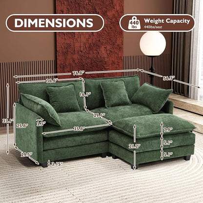 Ihanherry 77" L Shaped Modern Sofa Modular Sectional Cloud Couch with Ottoman, 3-Seat Chenille Deep Seat Sofa with Pillow for Living Room, Bedroom and Apartment, Green
