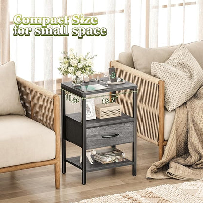 SUPERJARE Nightstand with Charging Station, Bed Side Table with Adjustable Fabric Drawer, Night Stand for Bedroom, 3-Tier Storage End Table, for Living Room, Grey