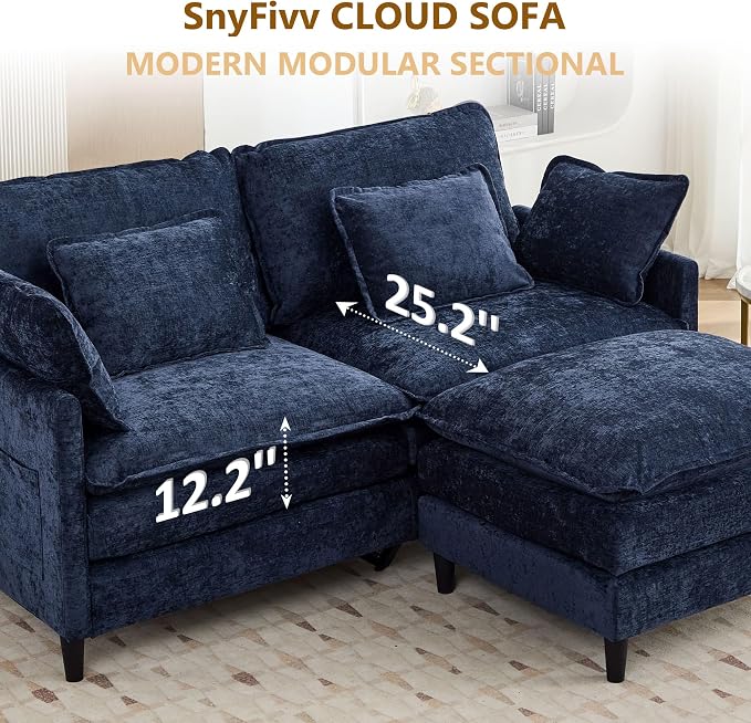 113" Chenille Modular Sectional Sofa, Convertible L Shaped Modular Sofa Comfy Cloud Couch with Ottoman, Side Pockets and 5 Throw Pillows for Living Room (Blue, 75.3" - 3 Seats)