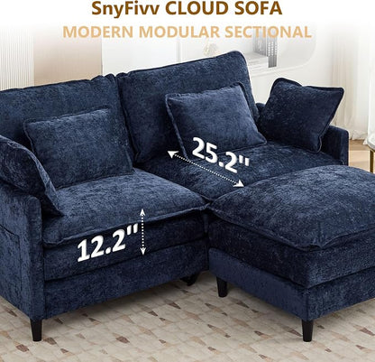 113" Chenille Modular Sectional Sofa, Convertible L Shaped Modular Sofa Comfy Cloud Couch with Ottoman, Side Pockets and 5 Throw Pillows for Living Room (Blue, 75.3" - 3 Seats)