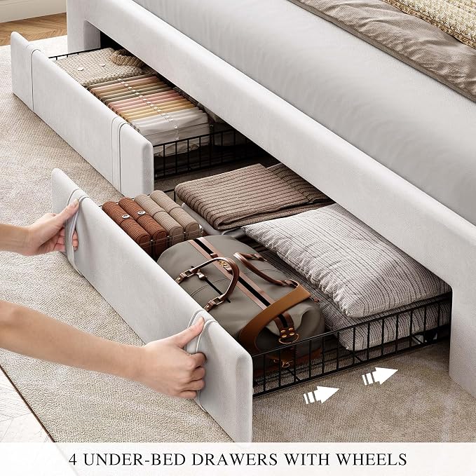 YITAHOME Queen Size Bed Frame with Adjustable Headboard, 4 Storage Drawers and RGB LED Lights, Velvet Upholstered Platform Bed with USB Ports, No Box Spring Needed, Fast Assembly, Noise-Free, White