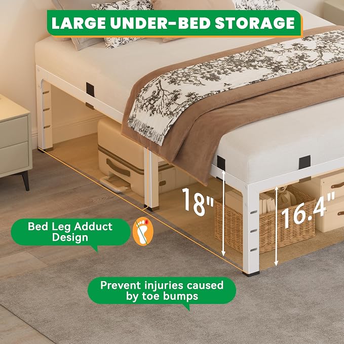18 Inch Queen Bed Frames,Heavy Duty Metal Queen Size Platform 3500 lbs Capacity, No Box Spring Needed, 6 Mattress Slide Stopper, Headboard Holes, Noise-Free, Easy Assembly, White