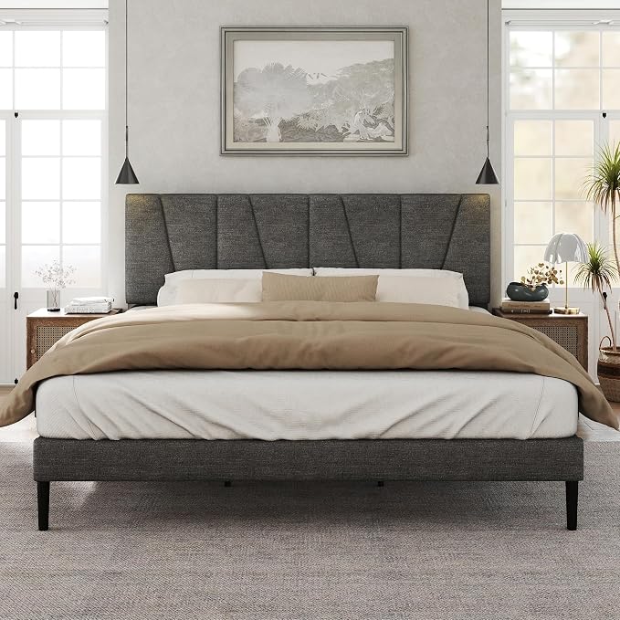 HAOARA King Size Bed Frame with Fabric Upholstered Headboard, Platform Bed with Wooden Slats Support, Fully Mattress Foundation, Box Spring Optional, Easy Assembly