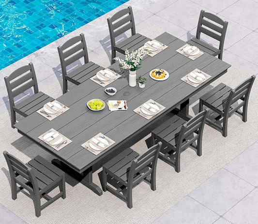 SERWALL 9 Piece 84" HDPE Outdoor Dining Set for 8 with Armless Chairs and Umbrelle Hole, Gray